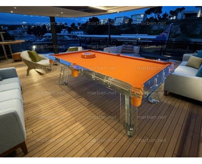 MESA DE BILLAR LUXURY GLASS1,  DE CRISTAL TEMPLADO ESTRUCTURA DE ACERO INOXIDABLE, 7FT ó 8FT